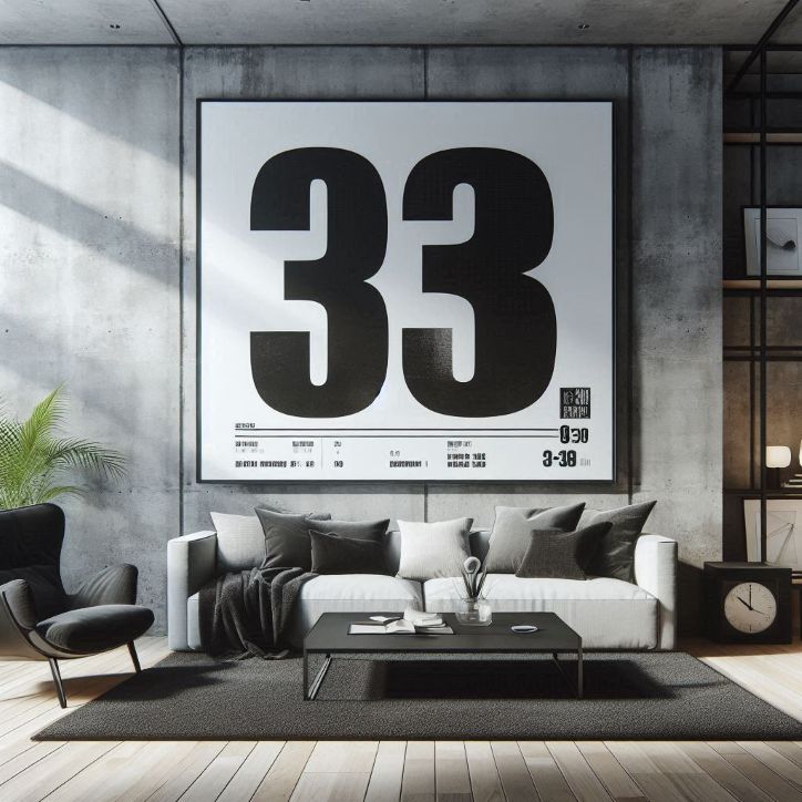 Modern living room with a large black-and-white banner