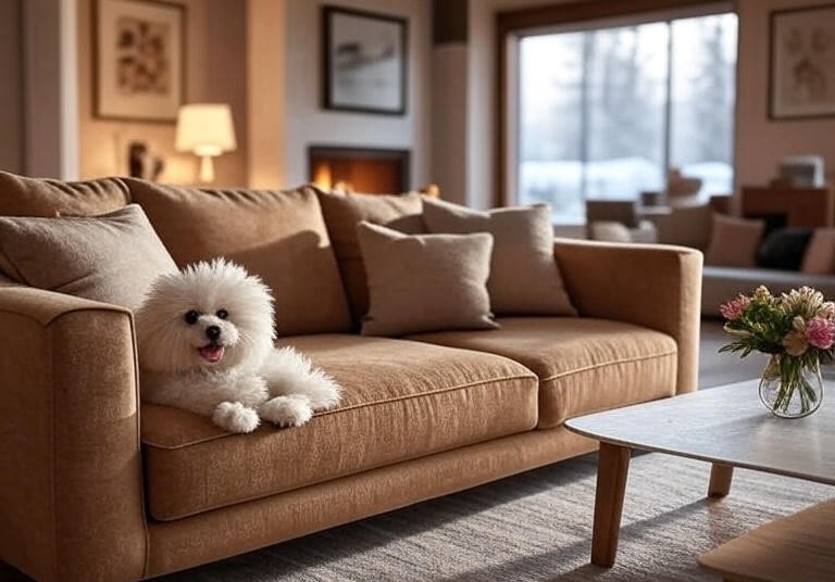 Pomsky lounging in living room