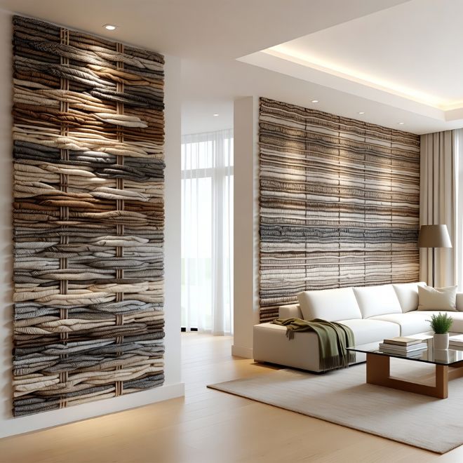 modern living room with accent walls inspired by woven geosynthetic patterns