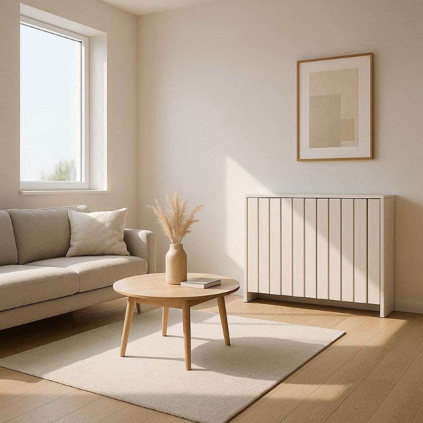 minimalist living room with sleek covered radiator